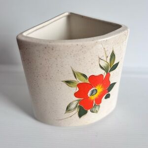 Vintage Ceramic Planter Cream Speckled Red Floral Pot